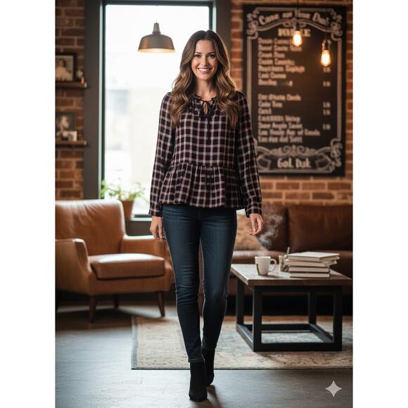 Loft Women M Cottagecore Academia Grunge 90s Preppy Plaid Peplum Tie Neck Blouse - Picture 2 of 11